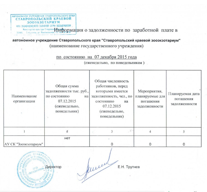 Информация о задолженности по заработной плате